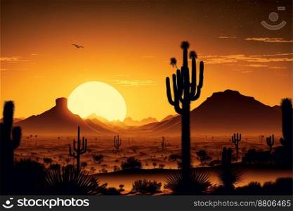 Silhouette of saguaro cacti with sun setting behind mountains