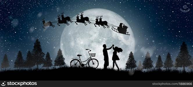 Silhouette of Santa Claus get a move to ride on their reindeer over full moon at night Christmas. Enjoying couple dancing under the full moon.