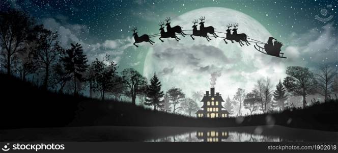 Silhouette of Santa Claus get a move to ride on their reindeer over full moon at night Christmas. Merry Christmas and Happy holiday.