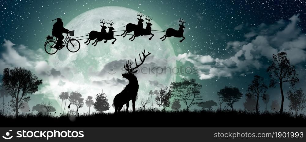 Silhouette of Santa Claus riding on his bicycle to carry a gift with their reindeer over full moon at night Christmas.
