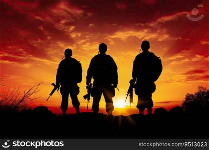 Silhouette of soldiers on the sunset background