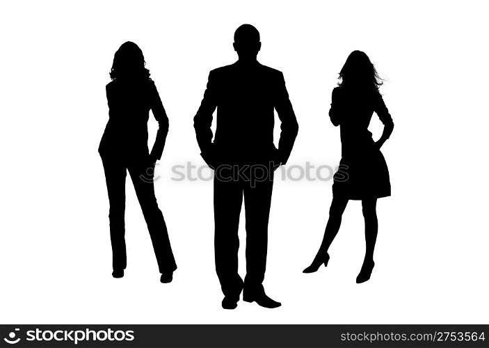 Silhouette of the man and women. The man the leader. It is isolated on a white background