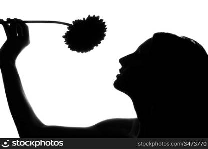 Silhouette of the woman with a flower on a white background