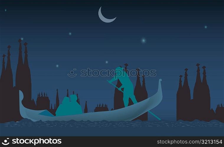 Silhouette of three people on a gondola at night, Venice, Veneto, Italy