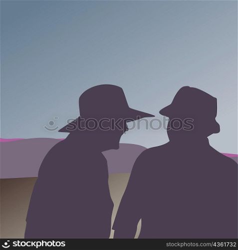 Silhouette of two men talking to each other