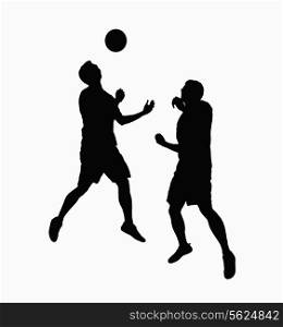 Silhouette of two soccer players fighting for ball.