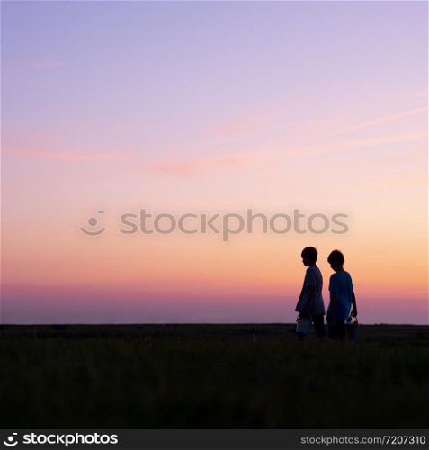 silhouette of two young boys with buckets against colorful sunset