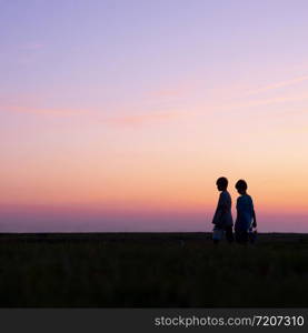 silhouette of two young boys with buckets against colorful sunset