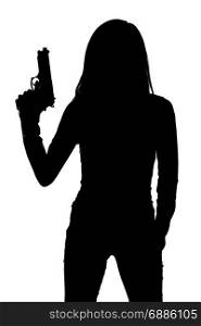 Silhouette of woman with pistol on white background