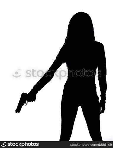 Silhouette of woman with pistol on white background