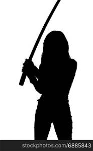 Silhouette of woman with samurai sword on white