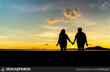 silhouette of young couple holding hands in field at sunset