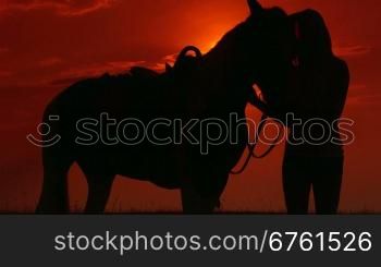 Silhouette of young woman and horse during sunset