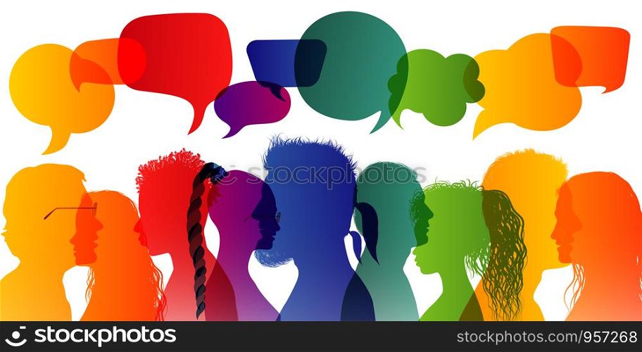Silhouette profiles. Communication between people. Dialogue group of diverse people. Crowd talking. Rainbow colours. Speech bubble