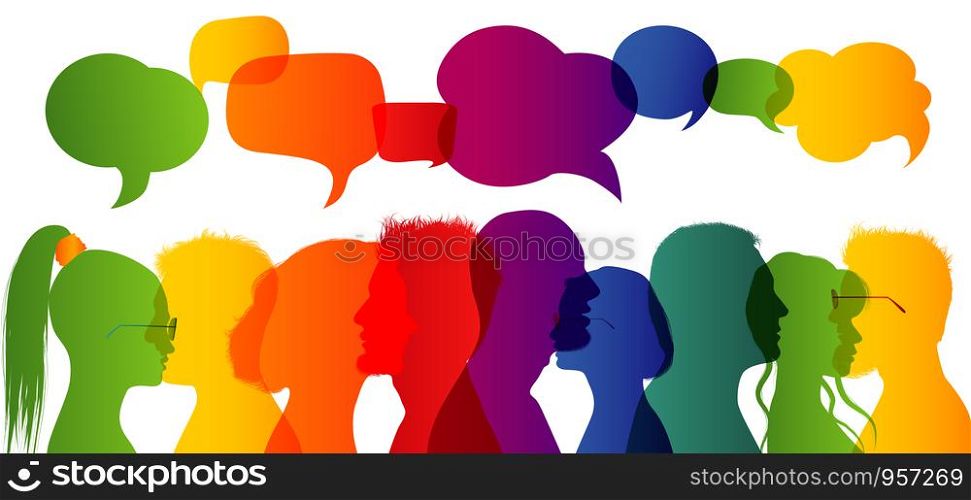 Silhouette profiles. Crowd talking. Speech bubble. Dialogue group of diverse people. Communication between people. Rainbow colours