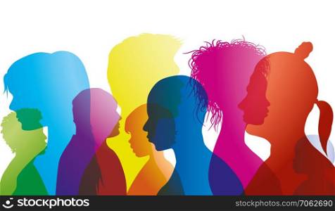 Silhouette profiles of multiracial people of different ages. Group of people different nationalities. Multiple exposure