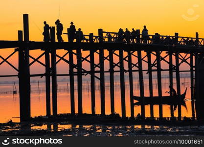 Silhouette shot  U Bein bridge, Myanmar at sunset