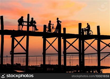 Silhouette shot  U Bein bridge, Myanmar at sunset