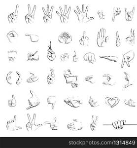 Silhouette sketches of hand signs isolated on white