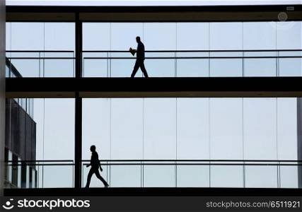 Silhouette view of two businessmen in a modern office building interior with panoramic windows.. modern office men