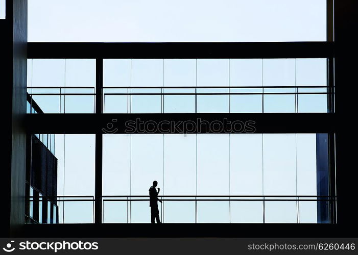 Silhouette view of young businesswoman in a modern office building interior with panoramic windows.