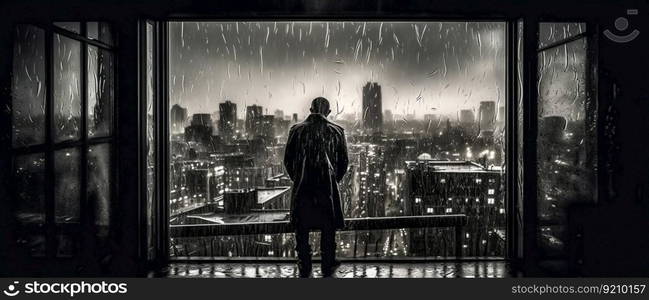 Silhouetted Person Standing Against Window with Raindrops and City Lights, Moody Atmosphere. Generative ai. High quality illustration. Silhouetted Person Standing Against Window with Raindrops and City Lights, Moody Atmosphere. Generative ai