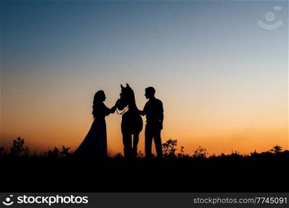 Silhouettes of a bride in a white dress and a groom in a white shirt on a walk with brown horses