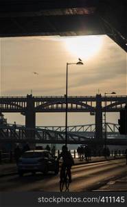Silhouettes of a cyclist Bridges and Sea Gulls in Newcastle, England