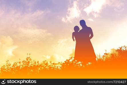 silhouettes of a women with her kid during sunset