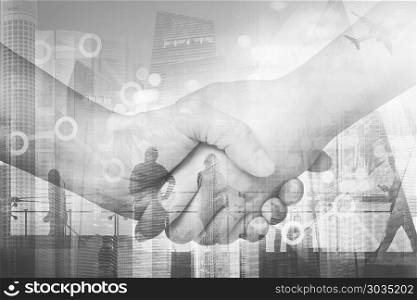 Silhouettes of Business People Working. Double exposure of hands. Silhouettes of Business People Working. Double exposure of handshake with airport and high building business center.