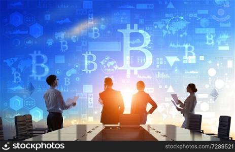 Silhouettes of businesspeople working as team and crypto currency concept. 3D rendering. Financial technology concept. Mixed media