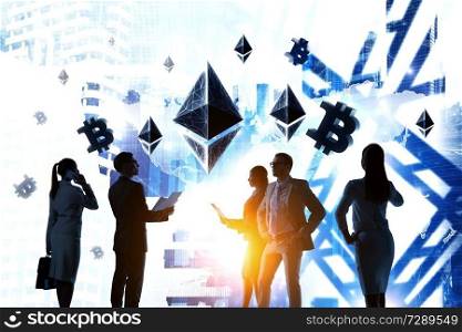 Silhouettes of businesspeople working as team and crypto currency concept. 3D rendering. Financial technology concept. Mixed media