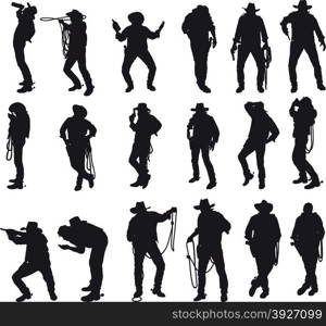 Silhouettes of cowboy in traditional costume in various situations on a white background.