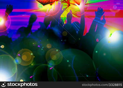 Silhouettes of dancing people having a celebration in a disco club, the light show is sending laser beams through the backlit scene; very psychedelic forms and colors