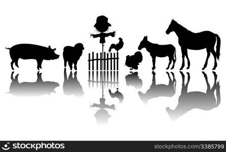 Silhouettes of farm animals and a scarecrow, isolated and grouped objects over white background