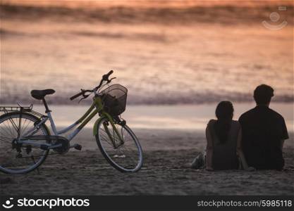 Silhouettes of Lovely Couple on the Beach at Sunset, Bali, Indonesia