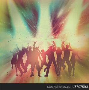 Silhouettes of people dancing on an abstract background with vintage effect added