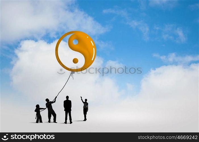 Silhouettes of people. Little silhouettes of people pulling balloon with rope