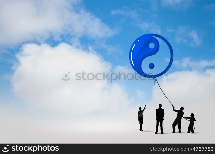 Silhouettes of people. Little silhouettes of people pulling balloon with rope