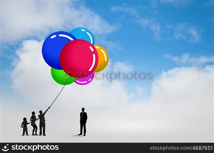 Silhouettes of people. Little silhouettes of people pulling rope with balloon