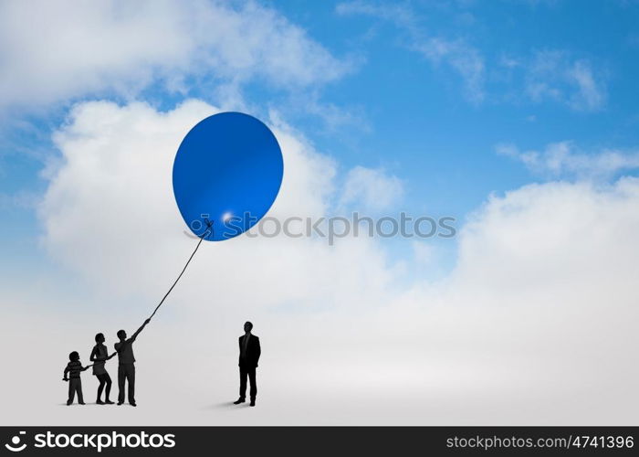 Silhouettes of people. Little silhouettes of people pulling rope with balloon