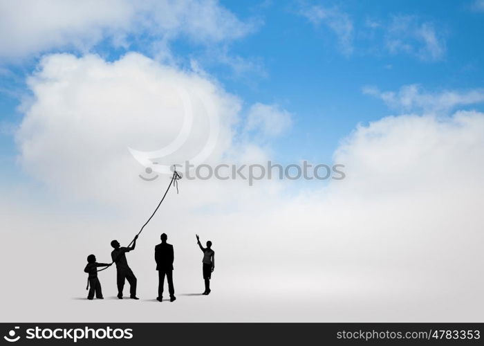 Silhouettes of people. Little silhouettes of people pulling rope with balloon