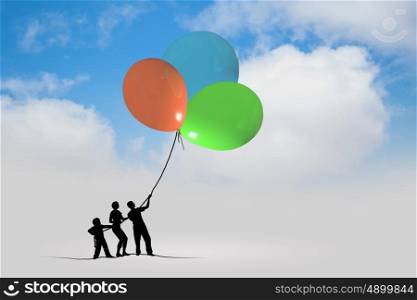 Silhouettes of people. Little silhouettes of people pulling rope with balloon