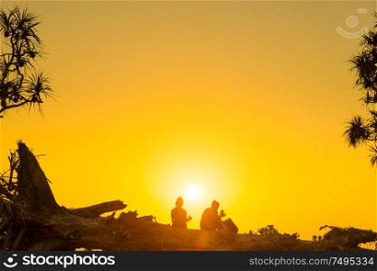 Silhouettes of romantic couple sitting on tree trunk at tropical beach at sunset