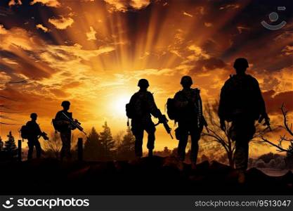 Silhouettes of soldiers on the background of the setting sun.