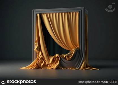 silk curtain draped over large rectangle very simple wooden frame for picture on dark background created by generative AI 