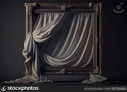 silk curtain draped over large rectangle very simple wooden frame for picture on dark background created by generative AI 