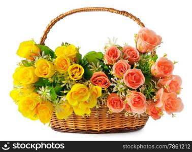 silk flowers in a basket isolated on white background