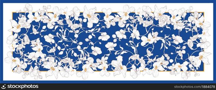 Silk scarf with apple blossom. Abstract seamless vector pattern with hand drawn floral elements. Trend colorful silk scarf with flowers. Size 180x70. Yellow, blue and white. Silk scarf with apple blossom. Abstract seamless vector pattern with hand drawn floral elements. Trend colorful silk scarf with flowers. Size 180x70. Yellow, blue and white.