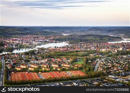 Silkeborg city in Denmark seen from above with buildings and rivers